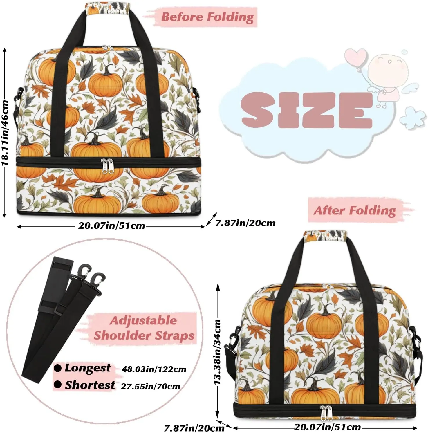 Autumn Maple Leaves Pumpkin Sports Gym Bag with Shoes Compartment Foldable Travel Duffel Bag Dry Wet Separated Sports Tote Workout Weekender Overnight Bag for Women Yoga Dance Work Training Handbag
