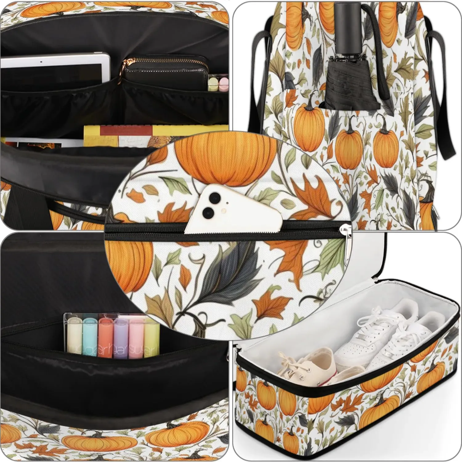 Autumn Maple Leaves Pumpkin Sports Gym Bag with Shoes Compartment Foldable Travel Duffel Bag Dry Wet Separated Sports Tote Workout Weekender Overnight Bag for Women Yoga Dance Work Training Handbag