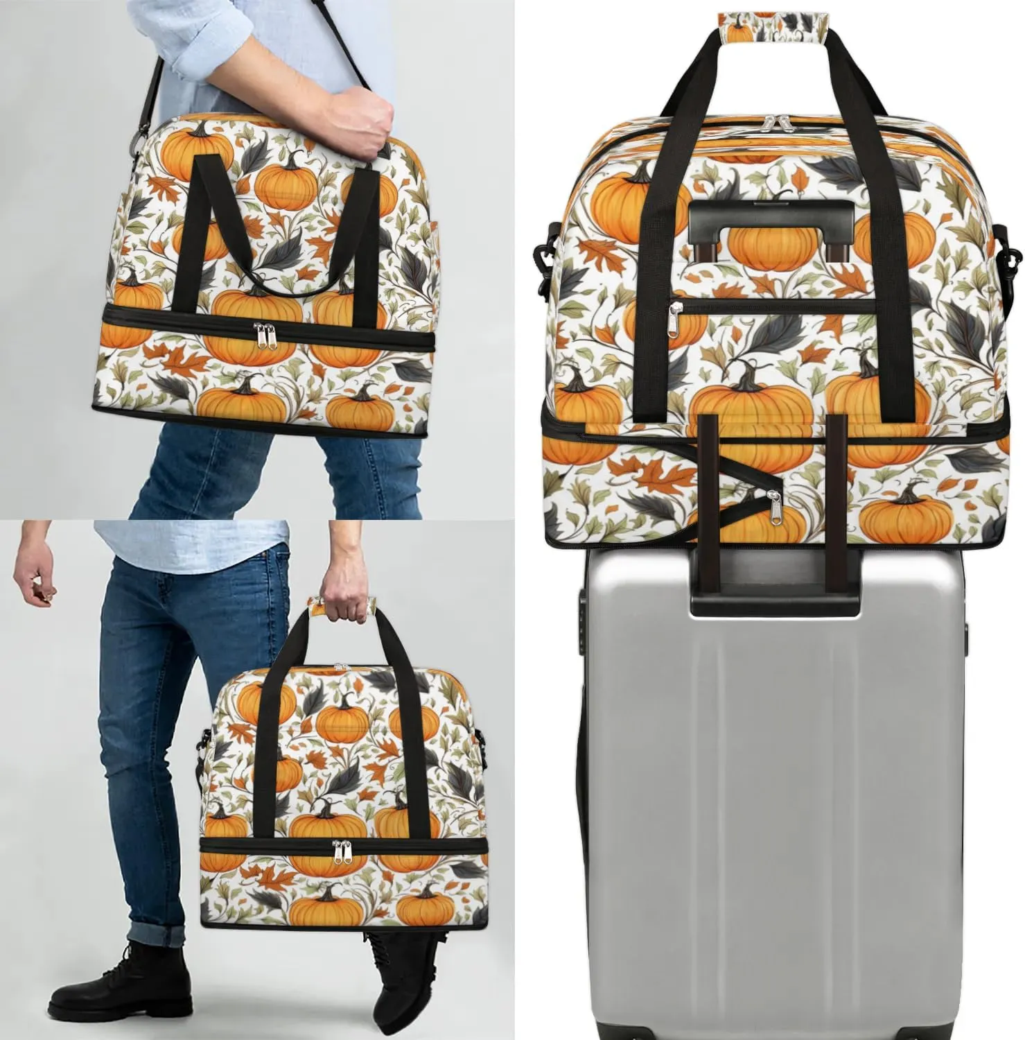 Autumn Maple Leaves Pumpkin Sports Gym Bag with Shoes Compartment Foldable Travel Duffel Bag Dry Wet Separated Sports Tote Workout Weekender Overnight Bag for Women Yoga Dance Work Training Handbag