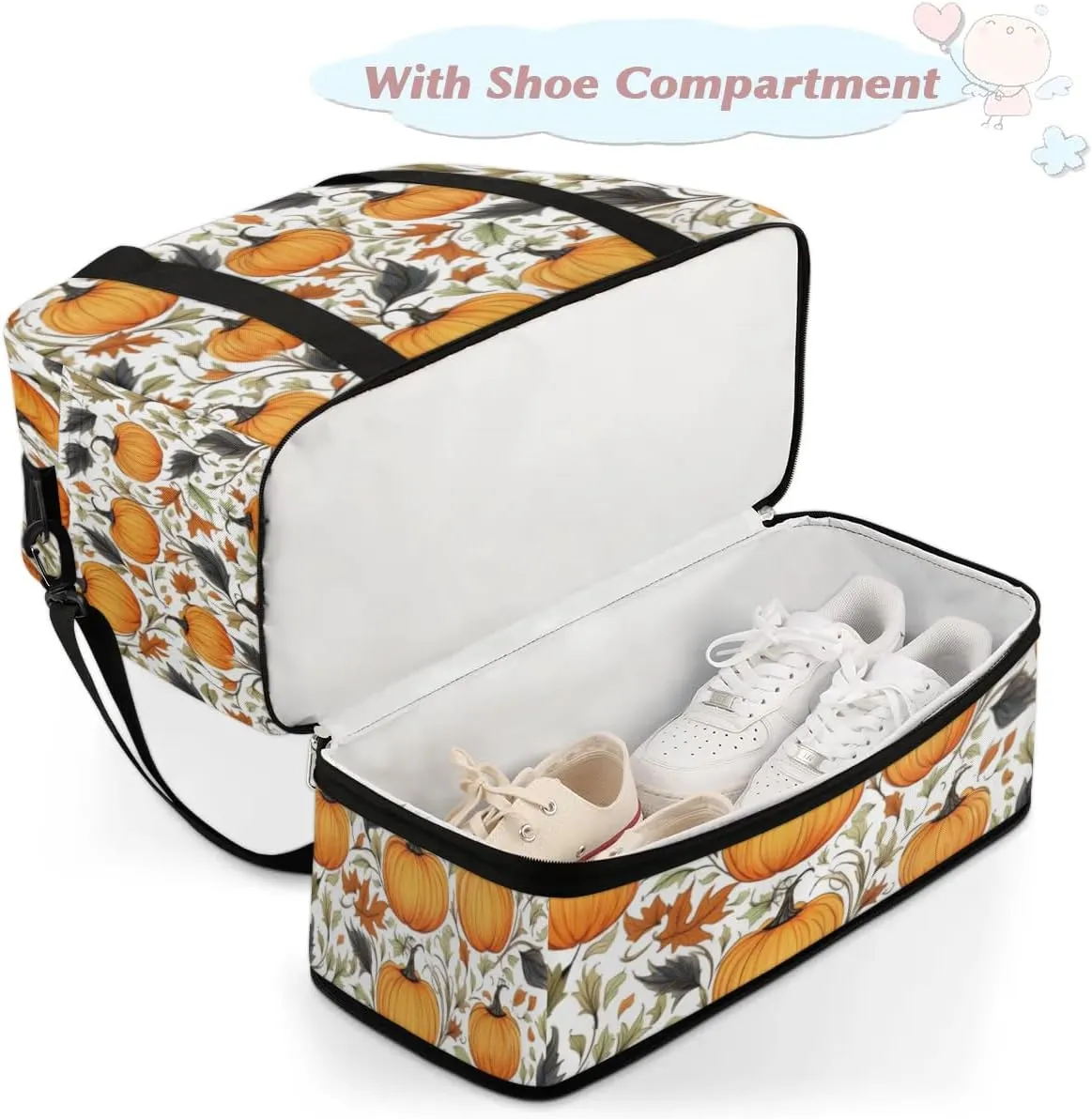 Autumn Maple Leaves Pumpkin Sports Gym Bag with Shoes Compartment Foldable Travel Duffel Bag Dry Wet Separated Sports Tote Workout Weekender Overnight Bag for Women Yoga Dance Work Training Handbag