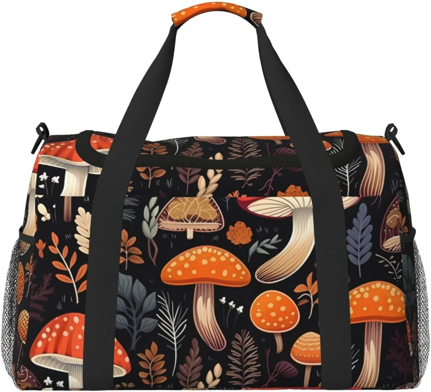 Autumn Mushroom Leaves Duffle Bag for Travel Fern Leaves Berry Sports Gym Tote Carry On Bag Large Shoulder Weekend Overnight for Workout