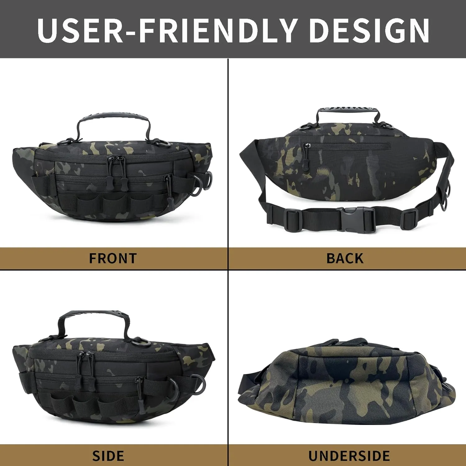 Aventik Fishing Fanny Pack - Portable Waterproof Waist Bag for Outdoor Fly Fishing - Lightweight Multi-Functional (Black Camo)