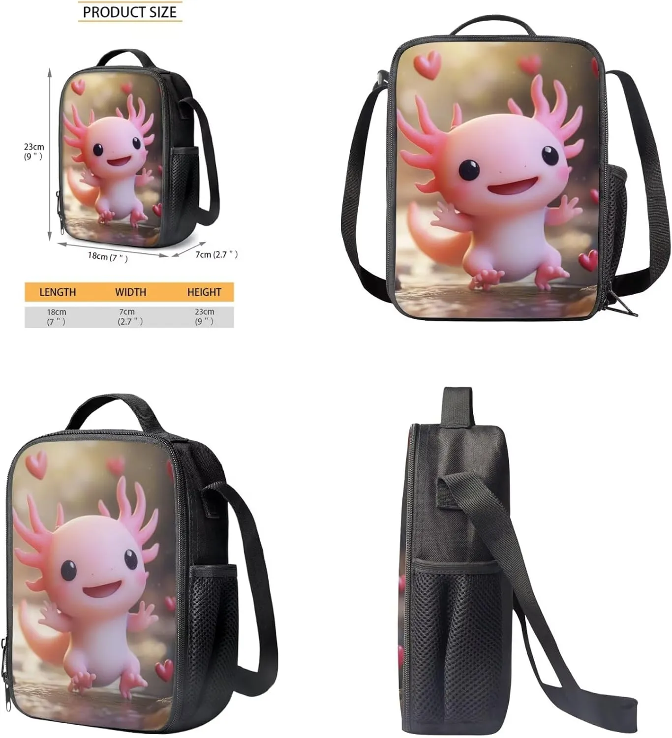 Axolotl Backpack Set Lovely 3 Pcs Girls Bookbag with Lunch Box Age 7 Versatile 1st Grade School Bag Travel Backpacks 5th Grade Back to School Gifts for Kids
