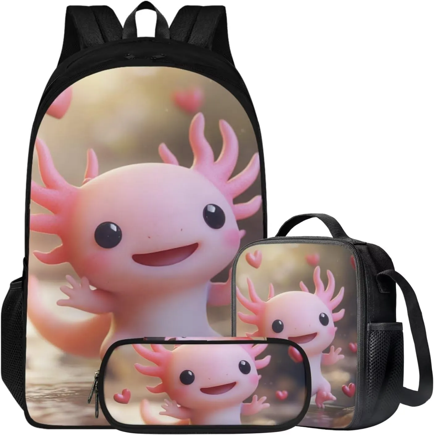 Axolotl Backpack Set Lovely 3 Pcs Girls Bookbag with Lunch Box Age 7 Versatile 1st Grade School Bag Travel Backpacks 5th Grade Back to School Gifts for Kids