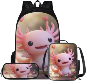 Axolotl Backpack Set Lovely 3 Pcs Girls Bookbag with Lunch Box Age 7 Versatile 1st Grade School Bag Travel Backpacks 5th Grade Back to School Gifts for Kids