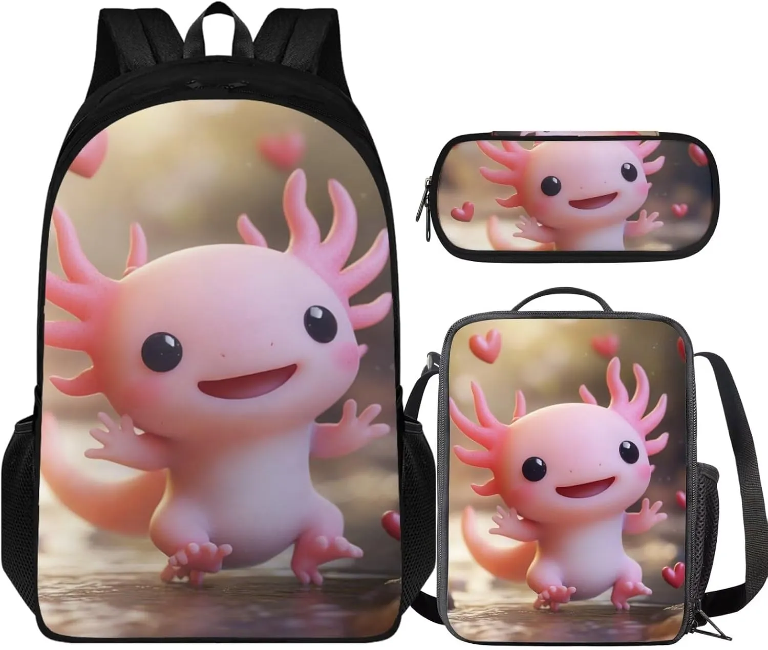 Axolotl Backpack Set Lovely 3 Pcs Girls Bookbag with Lunch Box Age 7 Versatile 1st Grade School Bag Travel Backpacks 5th Grade Back to School Gifts for Kids
