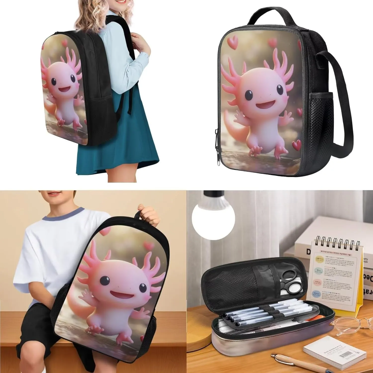 Axolotl Backpack Set Lovely 3 Pcs Girls Bookbag with Lunch Box Age 7 Versatile 1st Grade School Bag Travel Backpacks 5th Grade Back to School Gifts for Kids