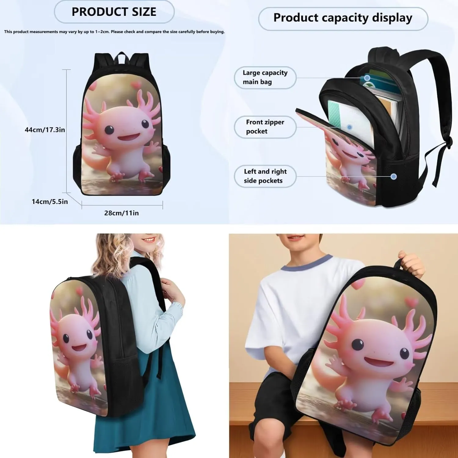 Axolotl Backpack Set Lovely 3 Pcs Girls Bookbag with Lunch Box Age 7 Versatile 1st Grade School Bag Travel Backpacks 5th Grade Back to School Gifts for Kids