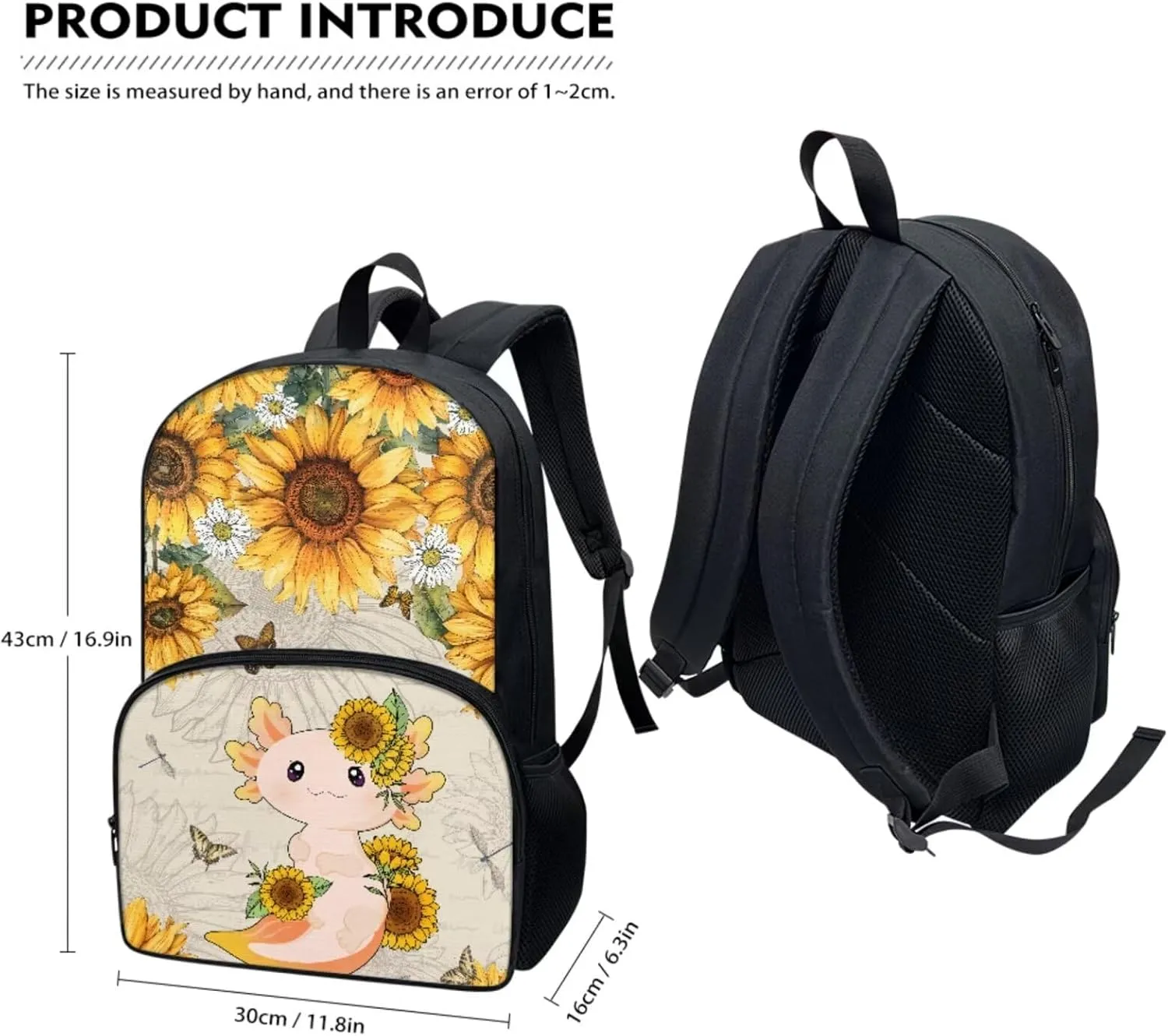 Axolotl Sunflower Kids Backpacks for Girls Preschool Kindergarten Bookbag Set with Lunch Box Tote Bento Pencil Case Water Bottle Holder with Strap Cute Student School Backpack Set of 4