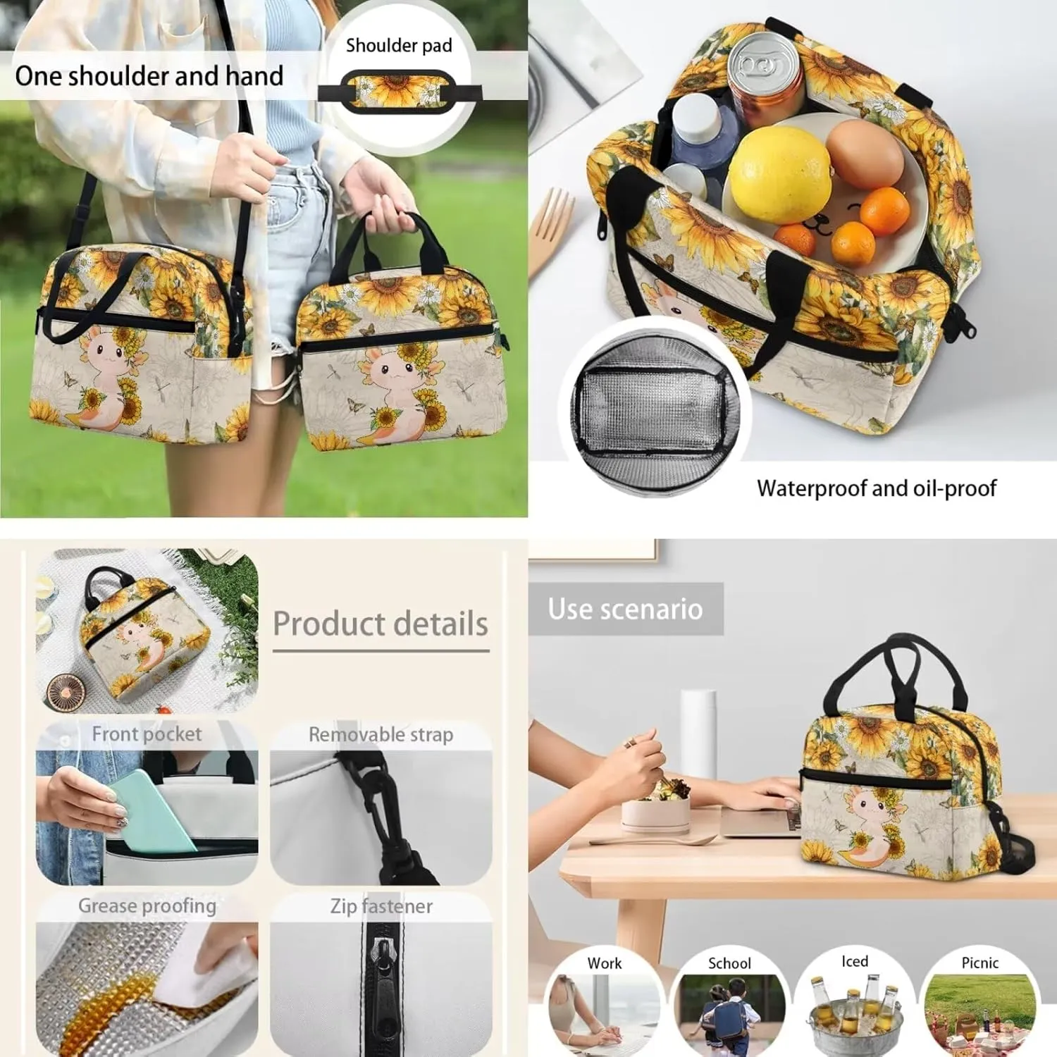 Axolotl Sunflower Kids Backpacks for Girls Preschool Kindergarten Bookbag Set with Lunch Box Tote Bento Pencil Case Water Bottle Holder with Strap Cute Student School Backpack Set of 4
