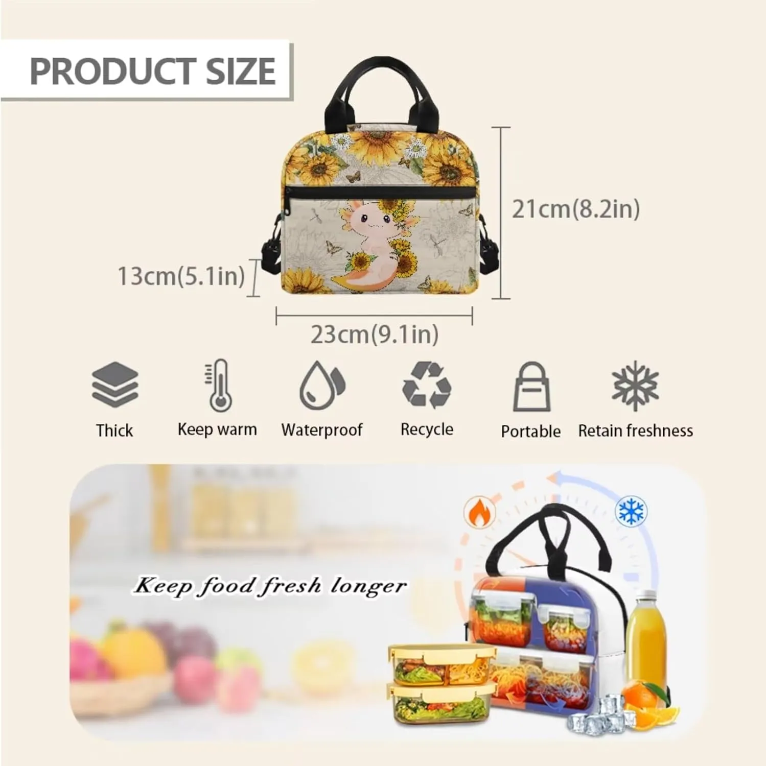 Axolotl Sunflower Kids Backpacks for Girls Preschool Kindergarten Bookbag Set with Lunch Box Tote Bento Pencil Case Water Bottle Holder with Strap Cute Student School Backpack Set of 4