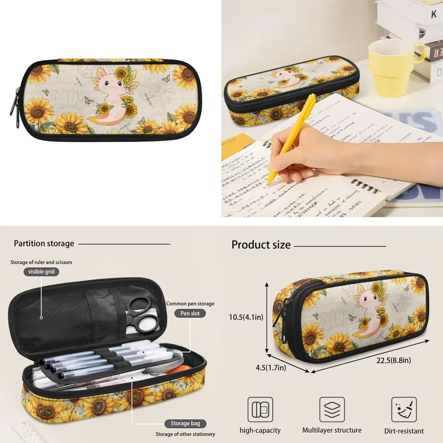 Axolotl Sunflower Kids Backpacks for Girls Preschool Kindergarten Bookbag Set with Lunch Box Tote Bento Pencil Case Water Bottle Holder with Strap Cute Student School Backpack Set of 4