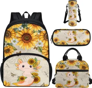 Axolotl Sunflower Kids Backpacks for Girls Preschool Kindergarten Bookbag Set with Lunch Box Tote Bento Pencil Case Water Bottle Holder with Strap Cute Student School Backpack Set of 4