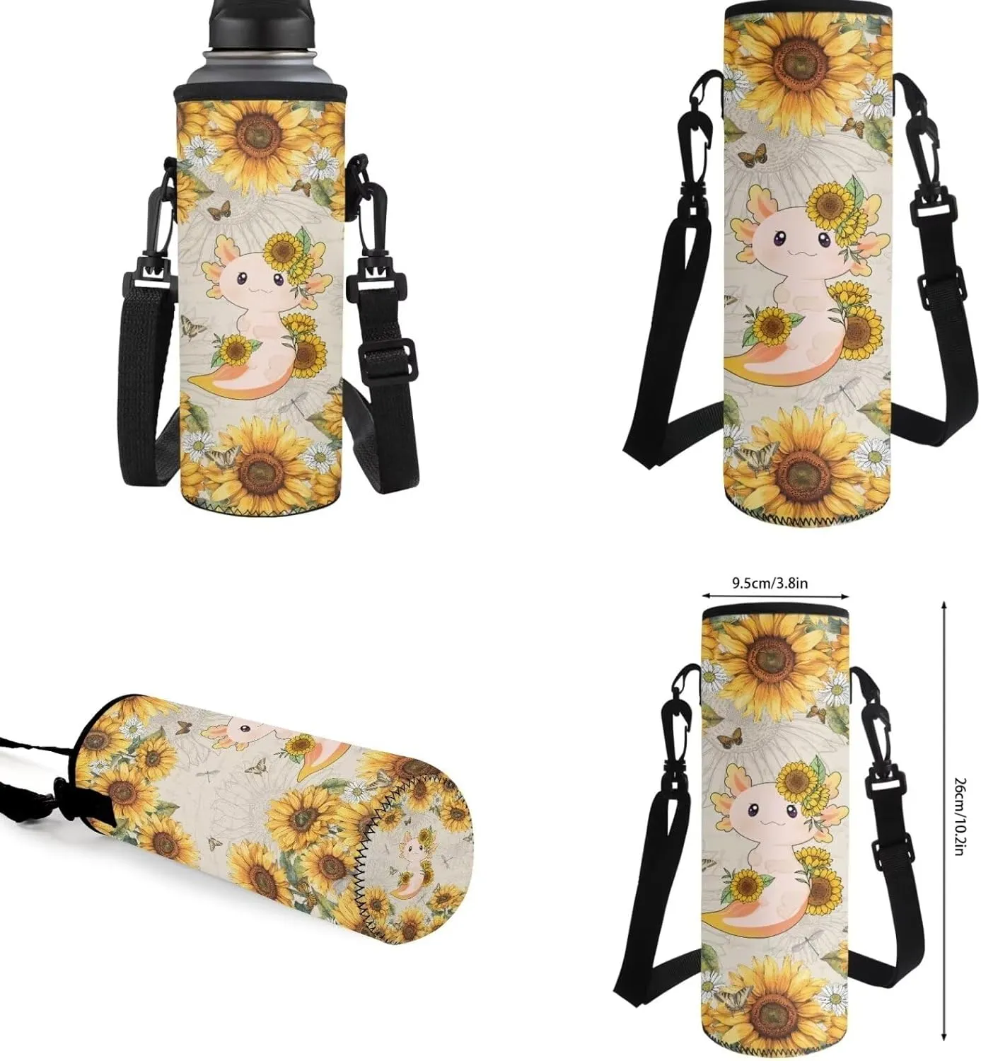 Axolotl Sunflower Kids Backpacks for Girls Preschool Kindergarten Bookbag Set with Lunch Box Tote Bento Pencil Case Water Bottle Holder with Strap Cute Student School Backpack Set of 4