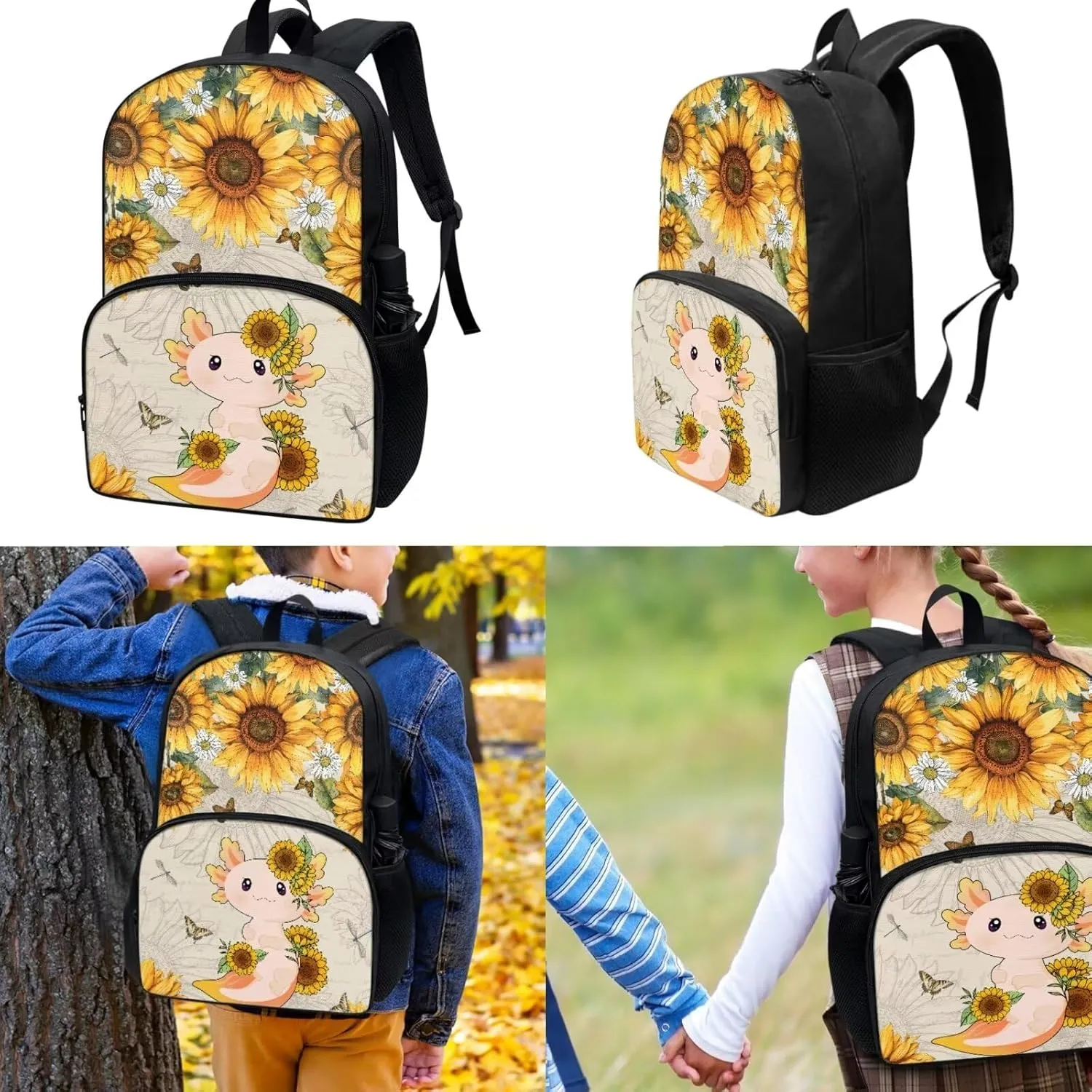 Axolotl Sunflower Kids Backpacks for Girls Preschool Kindergarten Bookbag Set with Lunch Box Tote Bento Pencil Case Water Bottle Holder with Strap Cute Student School Backpack Set of 4