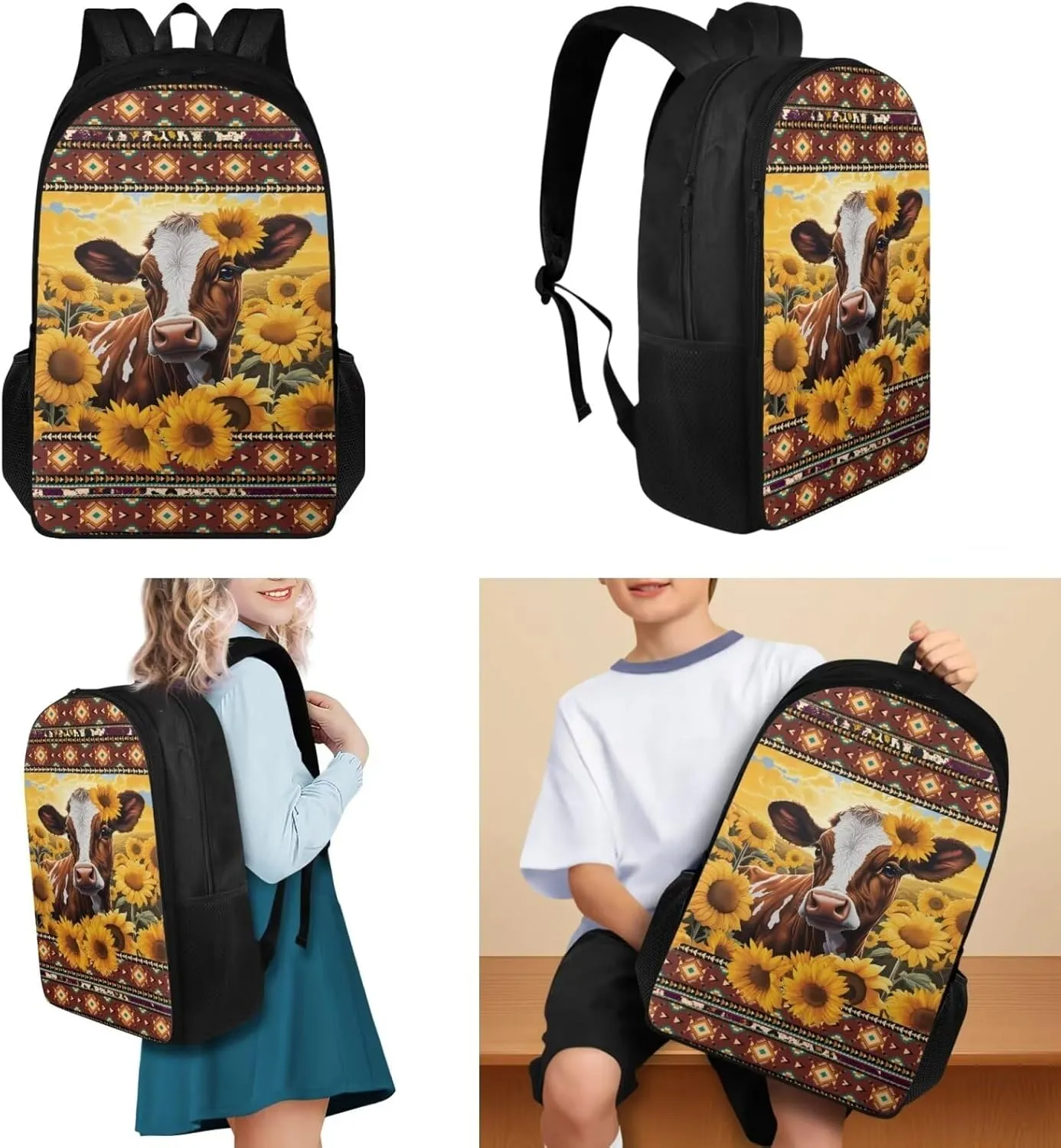 Aztec Cow Boys Backpack 10-12 Years Old 3 Pcs Bookbag for Teens with Pencil Case Insulated Lunchbox Big Capacity 17 inch Cool School Bag for Primary Elementary Middle School