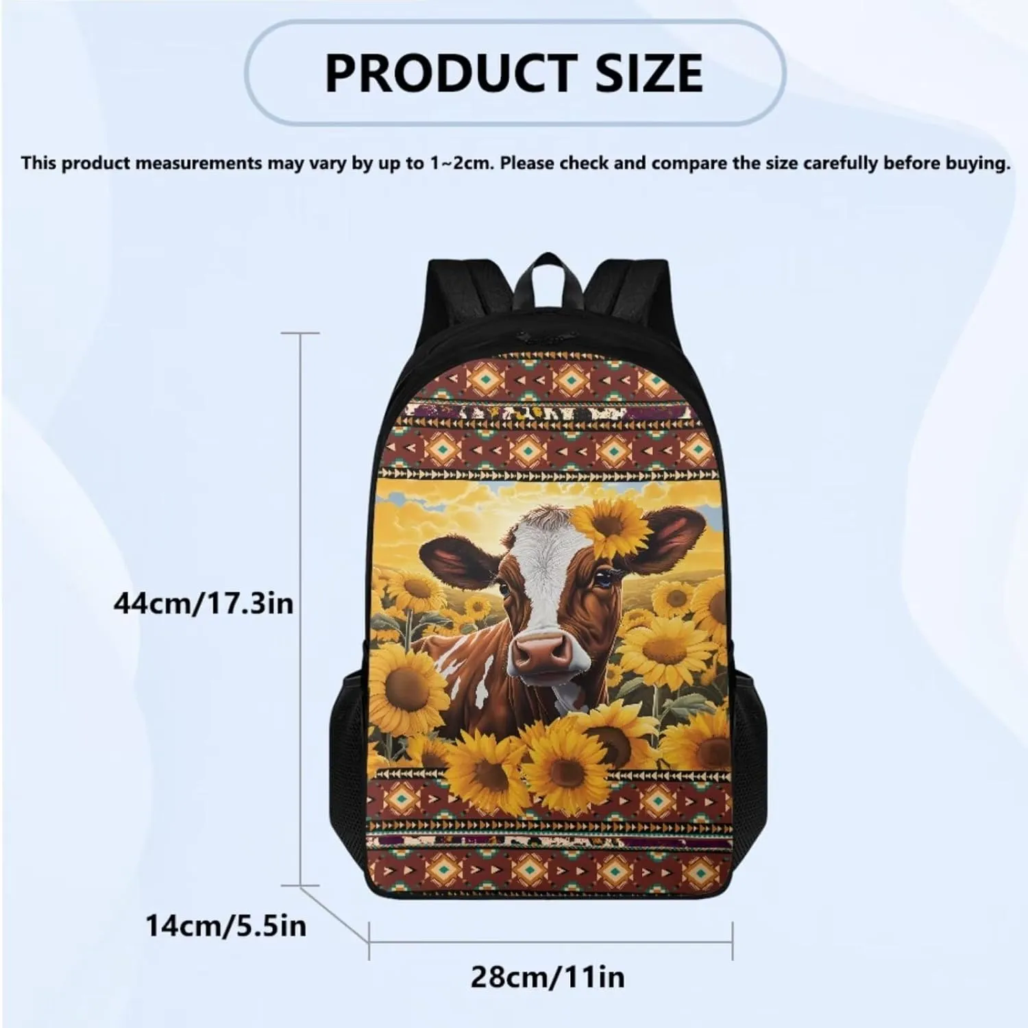 Aztec Cow Boys Backpack 10-12 Years Old 3 Pcs Bookbag for Teens with Pencil Case Insulated Lunchbox Big Capacity 17 inch Cool School Bag for Primary Elementary Middle School