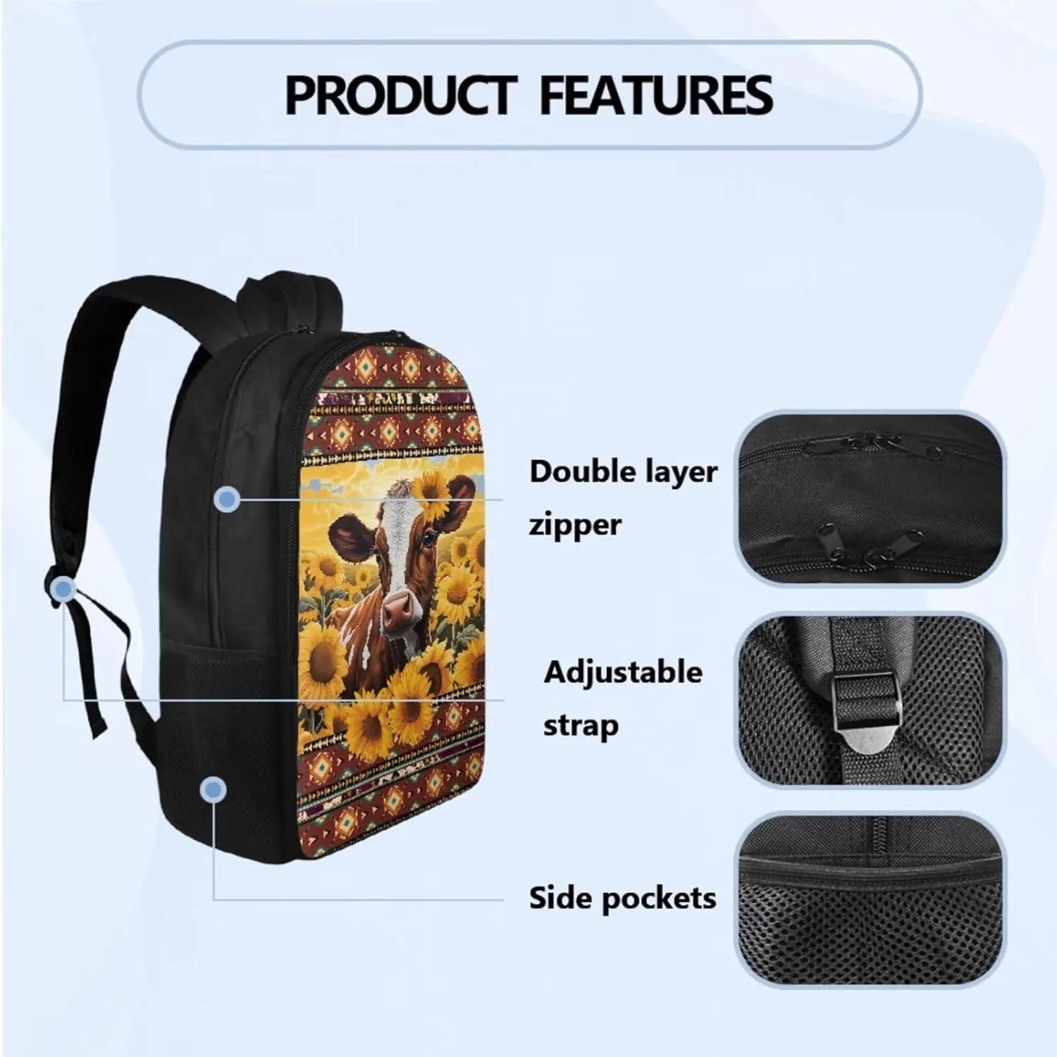 Aztec Cow Boys Backpack 10-12 Years Old 3 Pcs Bookbag for Teens with Pencil Case Insulated Lunchbox Big Capacity 17 inch Cool School Bag for Primary Elementary Middle School
