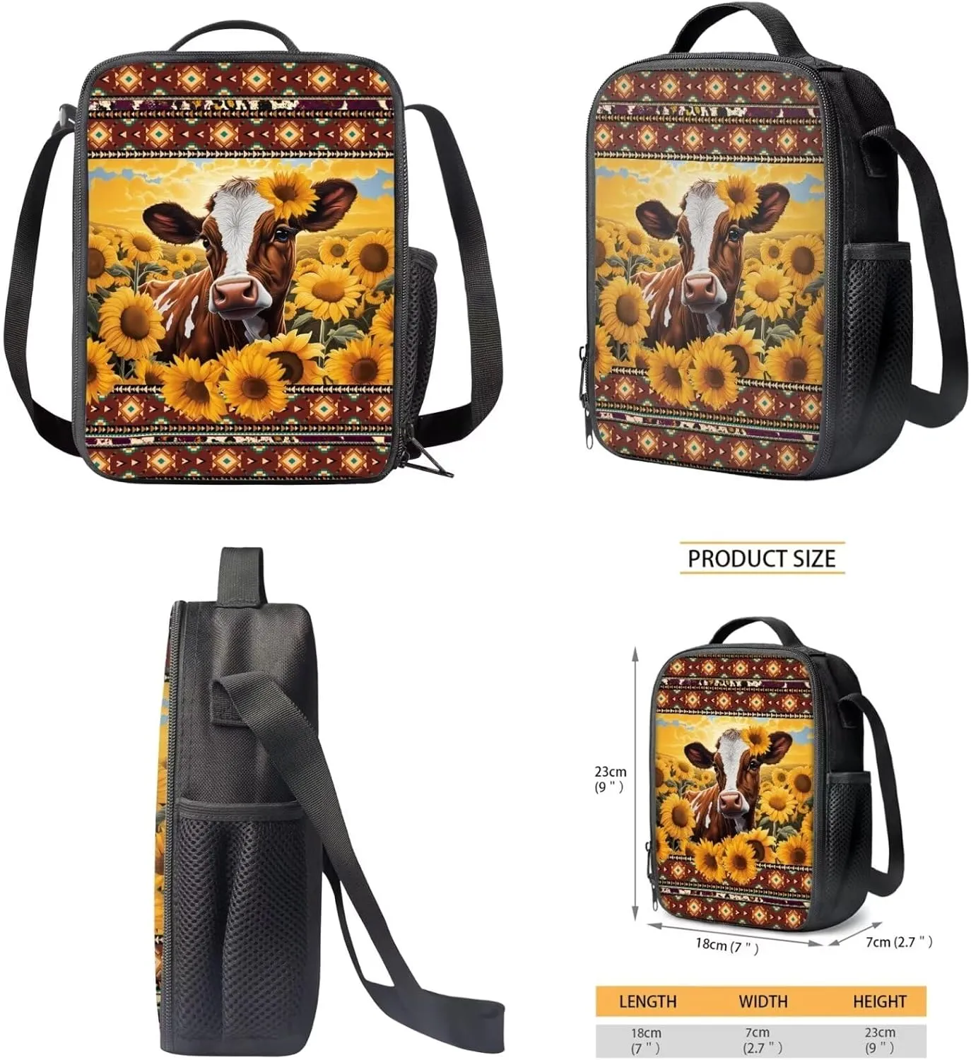 Aztec Cow Boys Backpack 10-12 Years Old 3 Pcs Bookbag for Teens with Pencil Case Insulated Lunchbox Big Capacity 17 inch Cool School Bag for Primary Elementary Middle School