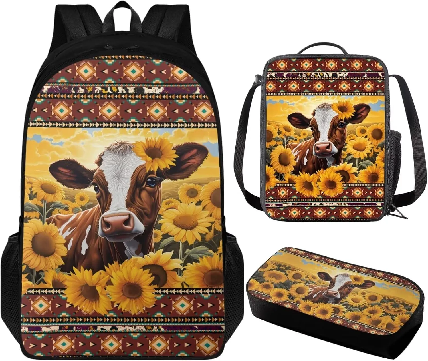 Aztec Cow Boys Backpack 10-12 Years Old 3 Pcs Bookbag for Teens with Pencil Case Insulated Lunchbox Big Capacity 17 inch Cool School Bag for Primary Elementary Middle School