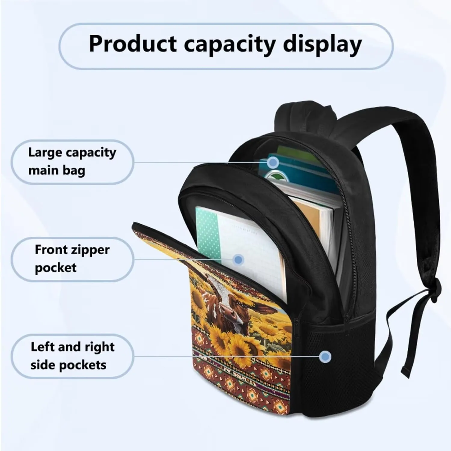Aztec Cow Boys Backpack 10-12 Years Old 3 Pcs Bookbag for Teens with Pencil Case Insulated Lunchbox Big Capacity 17 inch Cool School Bag for Primary Elementary Middle School