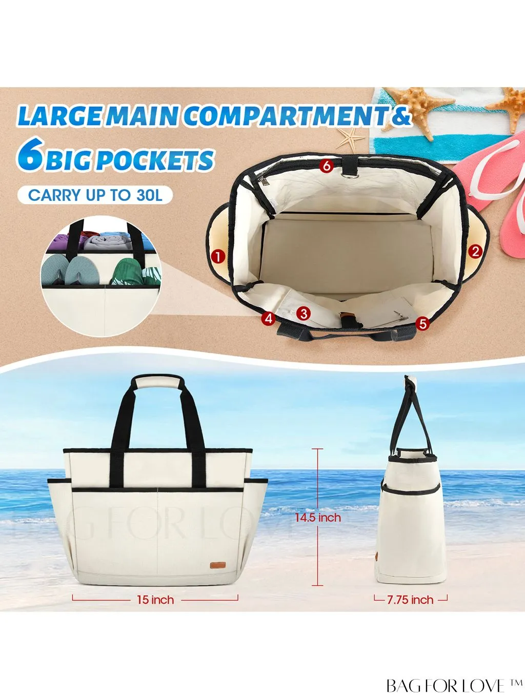 BagForLove - Waterproof Beach Tote Bag with Bottom Board - Large Capacity for Work, Travel, Swim