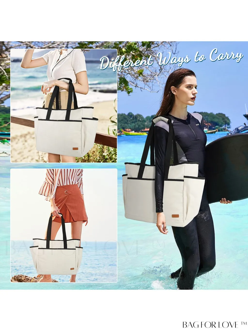 BagForLove - Waterproof Beach Tote Bag with Bottom Board - Large Capacity for Work, Travel, Swim