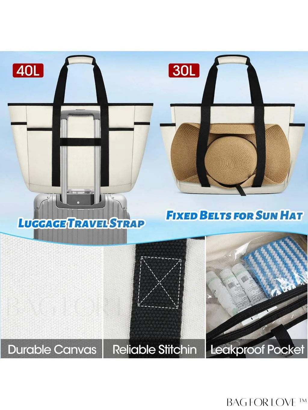 BagForLove - Waterproof Beach Tote Bag with Bottom Board - Large Capacity for Work, Travel, Swim