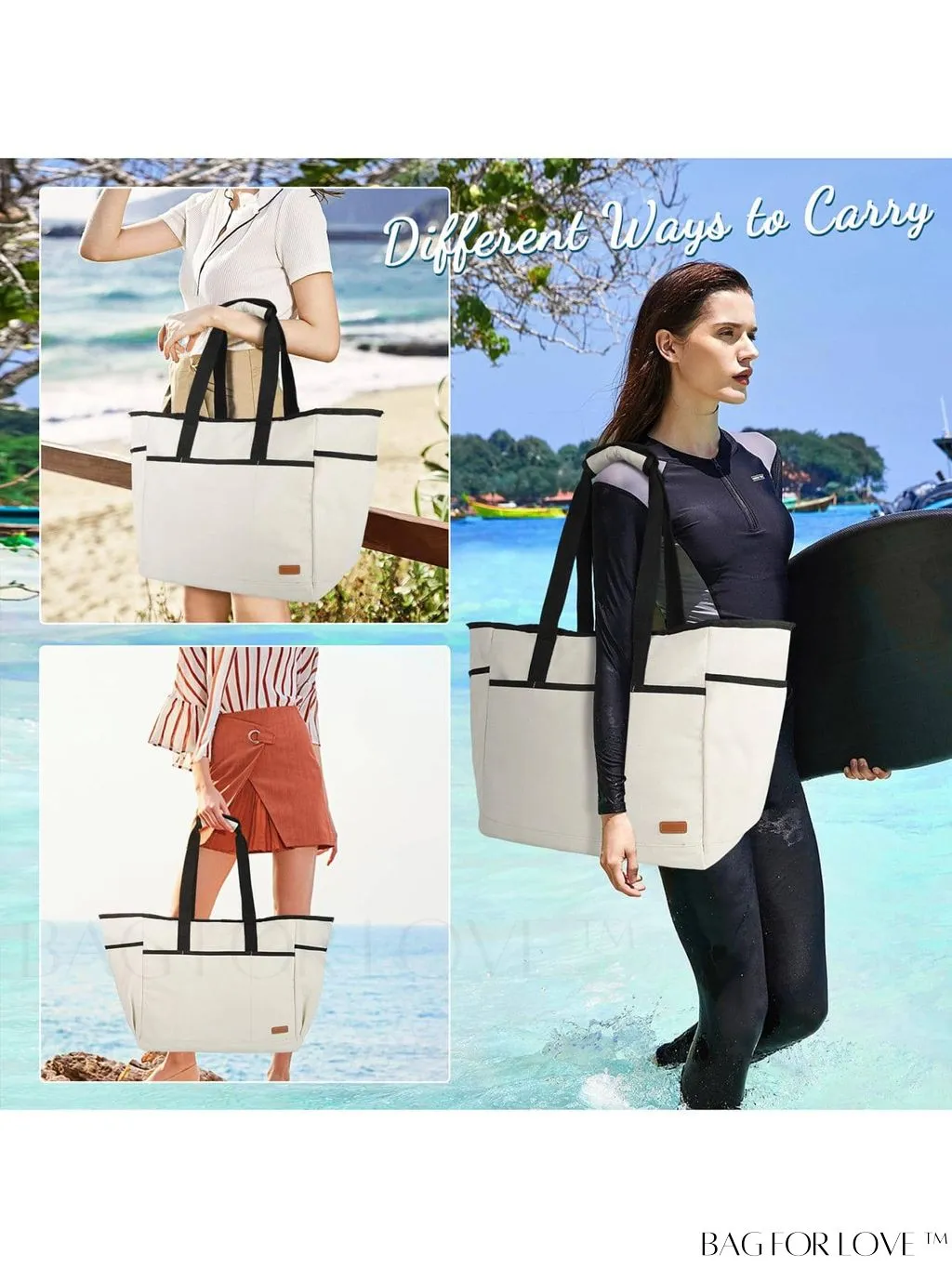 BagForLove - Waterproof Beach Tote Bag with Bottom Board - Large Capacity for Work, Travel, Swim