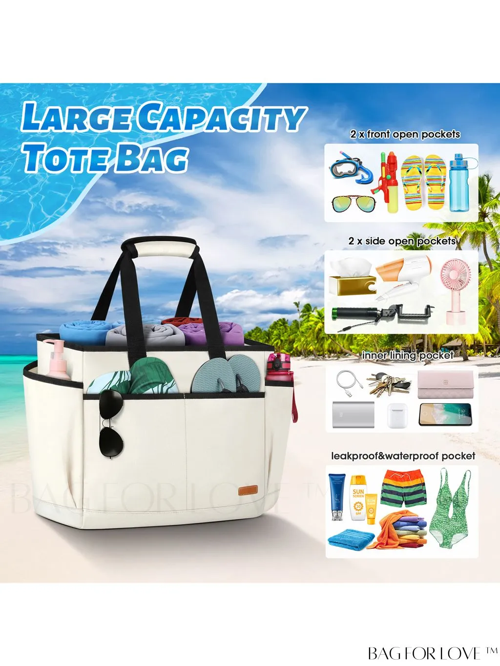 BagForLove - Waterproof Beach Tote Bag with Bottom Board - Large Capacity for Work, Travel, Swim