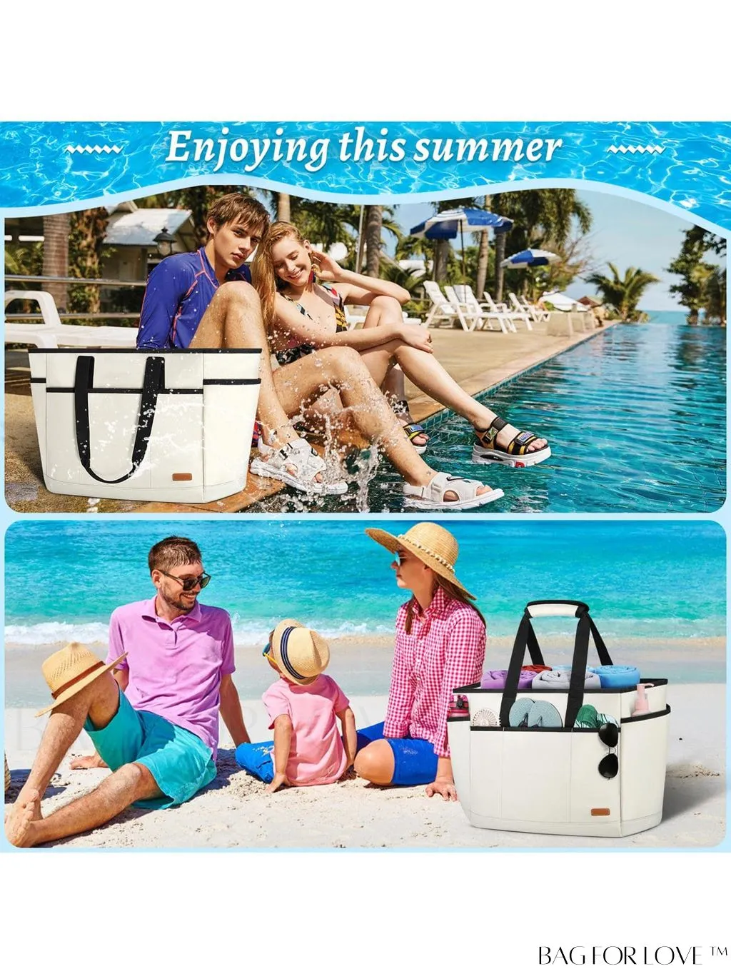 BagForLove - Waterproof Beach Tote Bag with Bottom Board - Large Capacity for Work, Travel, Swim