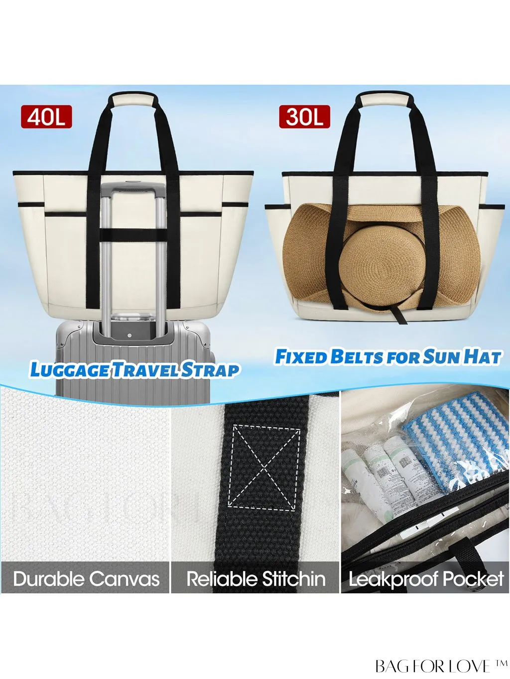 BagForLove - Waterproof Beach Tote Bag with Bottom Board - Large Capacity for Work, Travel, Swim