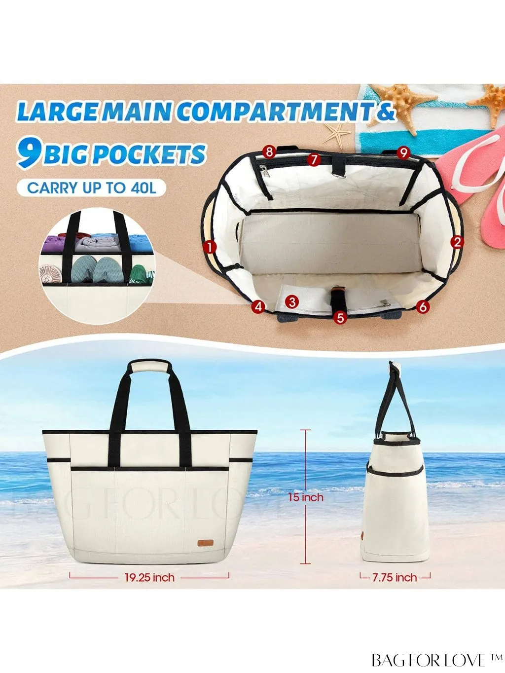 BagForLove - Waterproof Beach Tote Bag with Bottom Board - Large Capacity for Work, Travel, Swim
