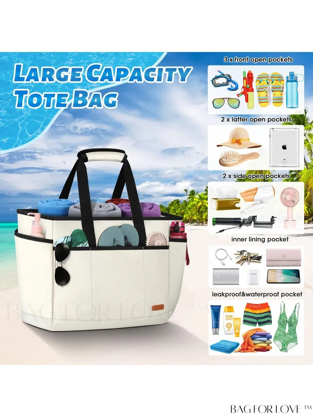 BagForLove - Waterproof Beach Tote Bag with Bottom Board - Large Capacity for Work, Travel, Swim