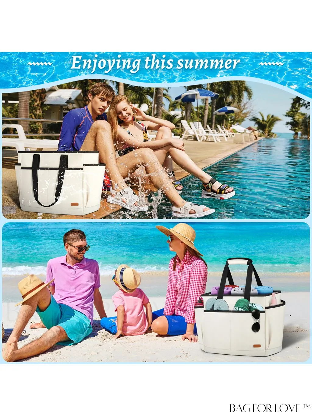BagForLove - Waterproof Beach Tote Bag with Bottom Board - Large Capacity for Work, Travel, Swim
