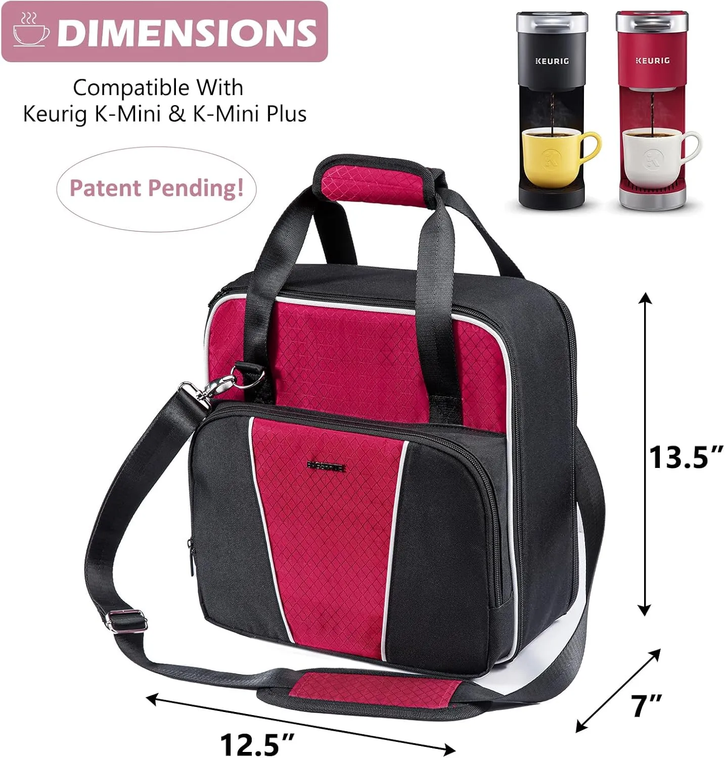 BAGSPRITE Coffee Maker Travel Bag Compatible with Keurig K-Mini or K-Mini Plus, Single Serve Coffee Brewer Carrying Case with Multiple Pockets for K-Cup Pods, Storage Bag With Shoulder Strap