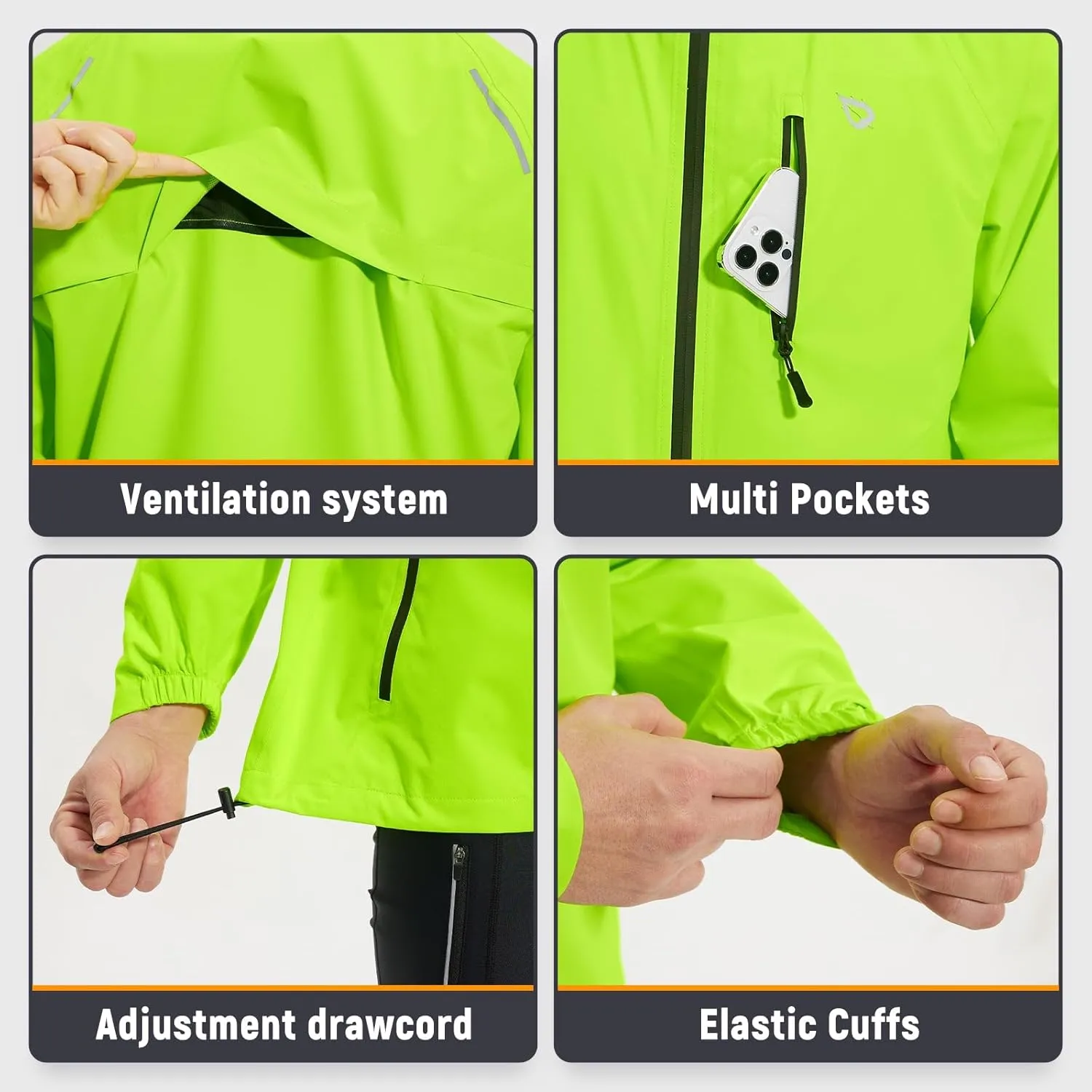 baleaf Men's Rain Jacket Waterproof Running Cycling Windbreaker Golf Hiking Gear Hood Raincoat Packable Reflective