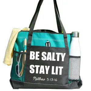 Be Salty and Stay Lit Tote Bag - Stylish & Functional Polyester Tote with Front Pocket Name Customization - 6 Color Options - Perfect for Daily Essentials (Teal)