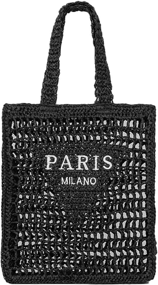 Beach Mesh Tote Bag for Women Hollow Embroidery Straw Bag Large Woven Handbag Shoulder Bag Summer Mesh Straw Beach Bags Purse