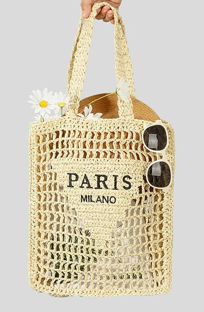 Beach Mesh Tote Bag for Women Hollow Embroidery Straw Bag Large Woven Handbag Shoulder Bag Summer Mesh Straw Beach Bags Purse