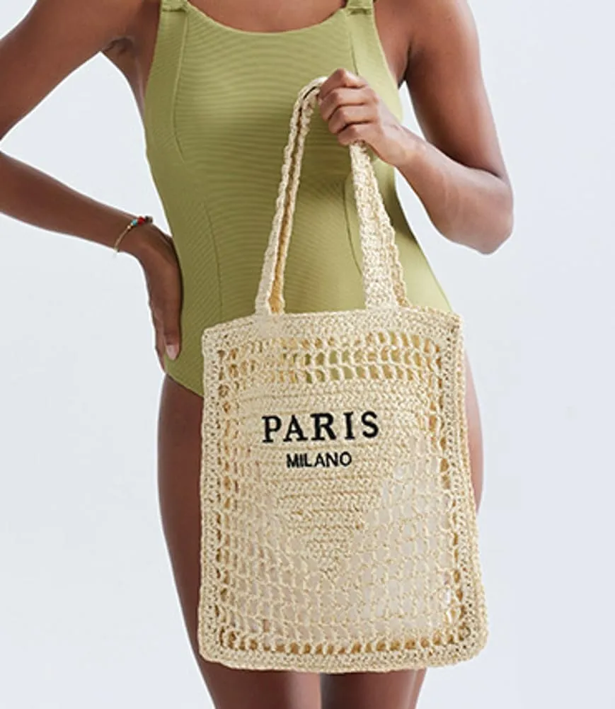 Beach Mesh Tote Bag for Women Hollow Embroidery Straw Bag Large Woven Handbag Shoulder Bag Summer Mesh Straw Beach Bags Purse
