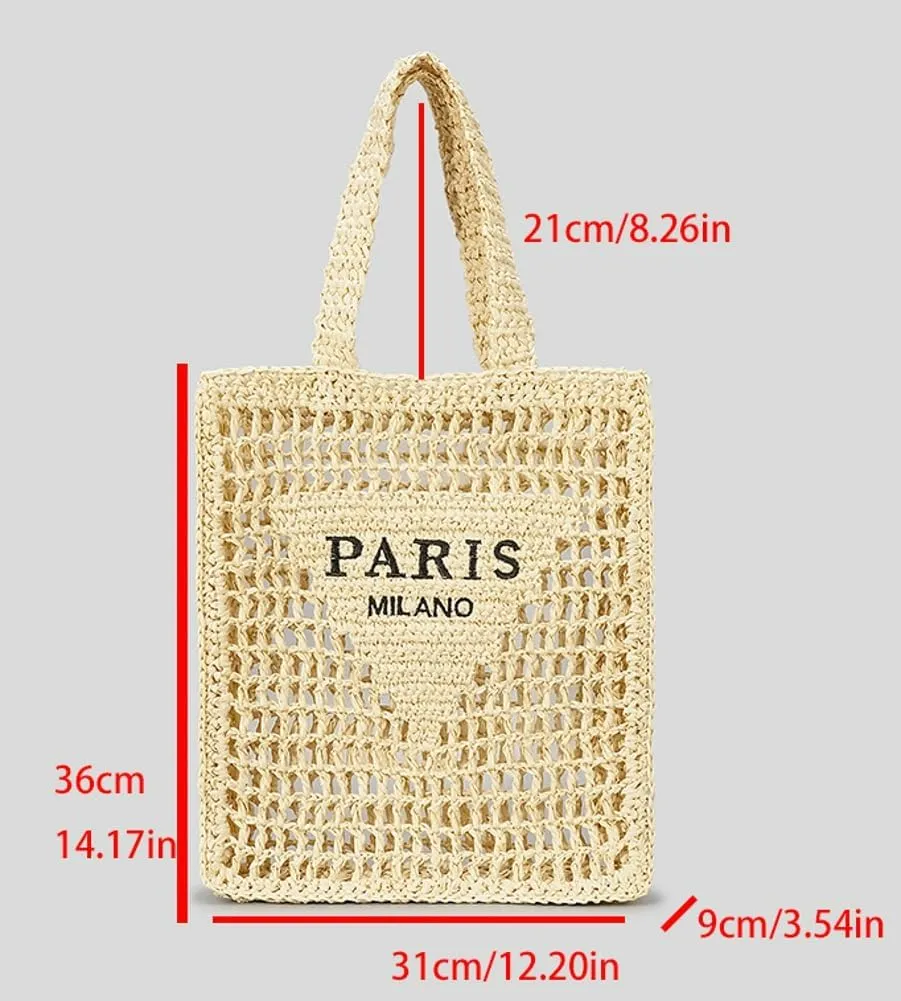 Beach Mesh Tote Bag for Women Hollow Embroidery Straw Bag Large Woven Handbag Shoulder Bag Summer Mesh Straw Beach Bags Purse