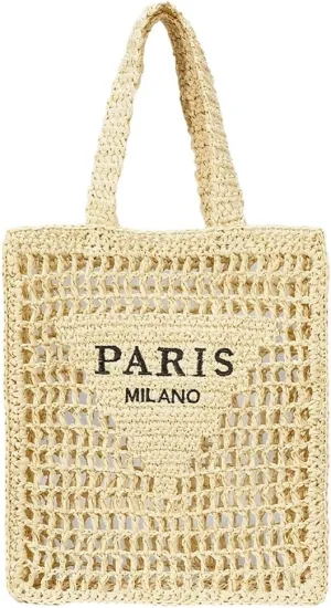 Beach Mesh Tote Bag for Women Hollow Embroidery Straw Bag Large Woven Handbag Shoulder Bag Summer Mesh Straw Beach Bags Purse