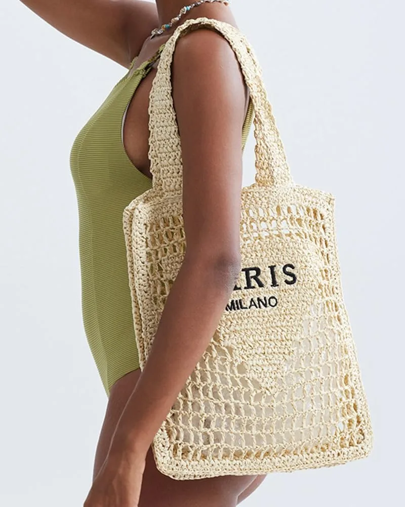 Beach Mesh Tote Bag for Women Hollow Embroidery Straw Bag Large Woven Handbag Shoulder Bag Summer Mesh Straw Beach Bags Purse