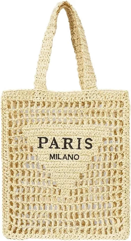 Beach Mesh Tote Bag for Women Hollow Embroidery Straw Bag Large Woven Handbag Shoulder Bag Summer Mesh Straw Beach Bags Purse