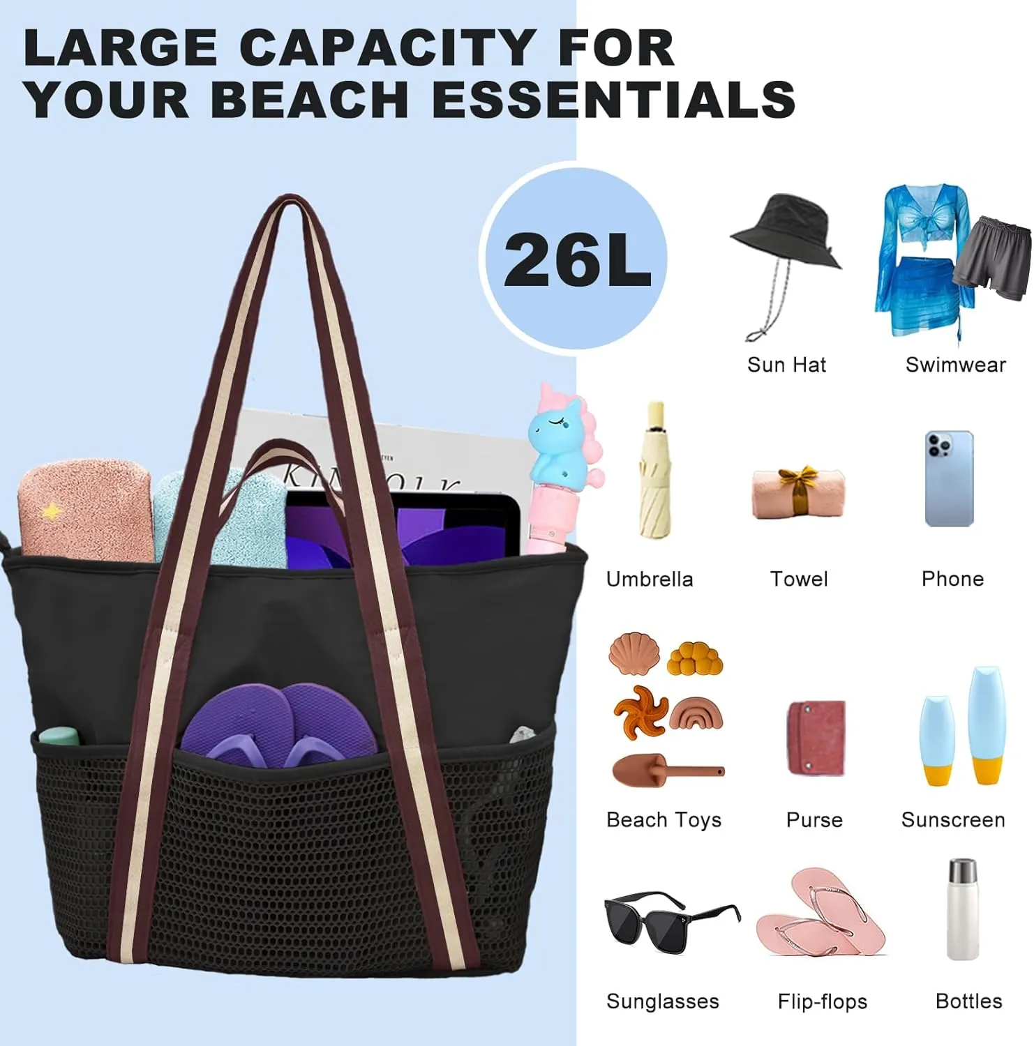 Beach Tote Bag Waterproof Sandproof Mesh Swiming Pool Bag with Zipper for Summer Vacation