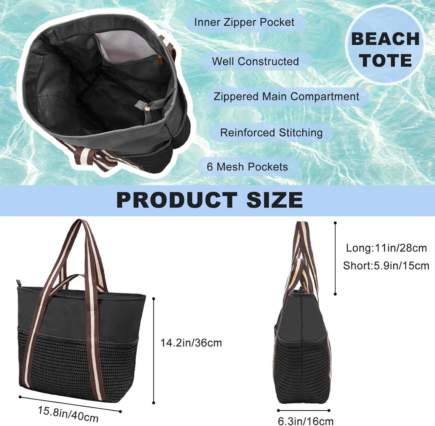 Beach Tote Bag Waterproof Sandproof Mesh Swiming Pool Bag with Zipper for Summer Vacation
