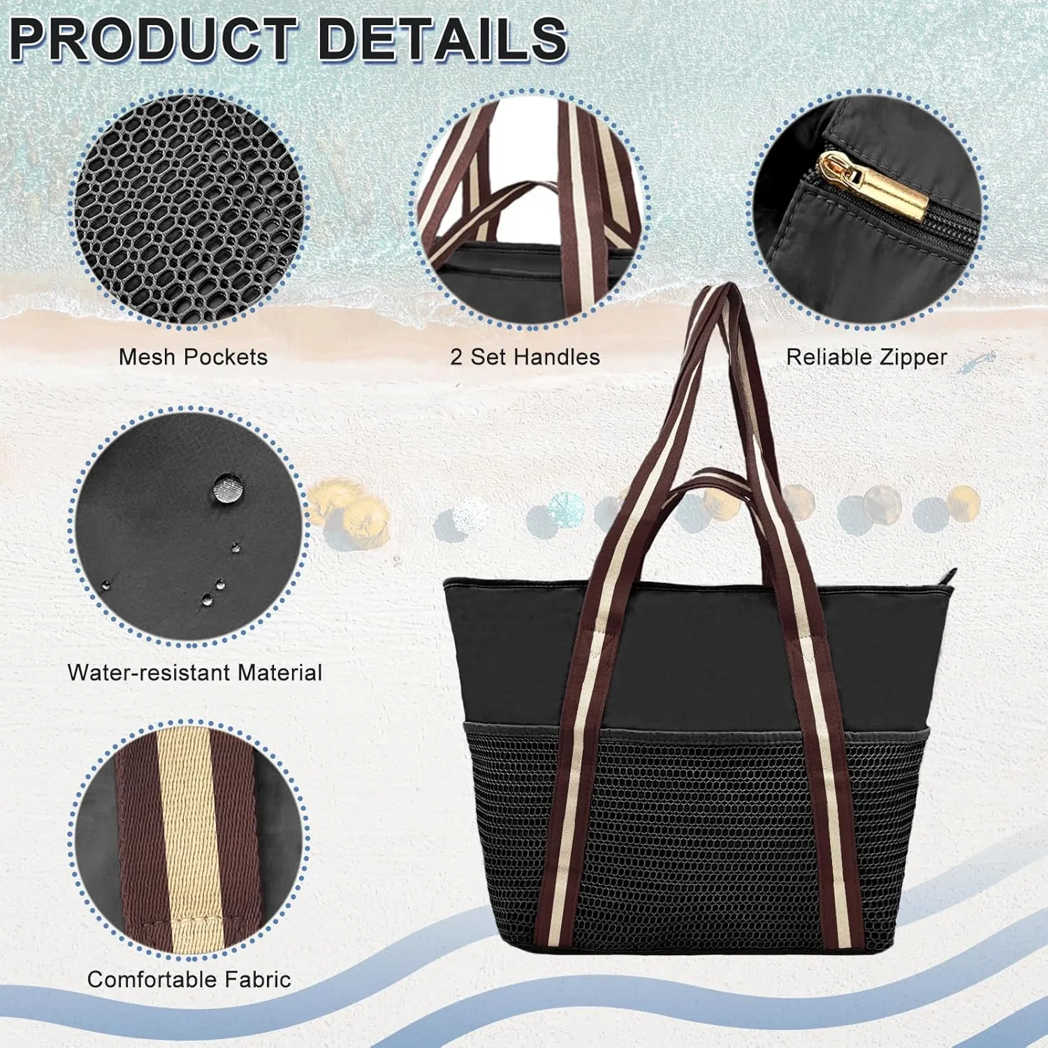 Beach Tote Bag Waterproof Sandproof Mesh Swiming Pool Bag with Zipper for Summer Vacation