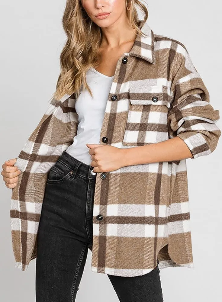 Beaully Women's Flannel Plaid Shacket Long Sleeve Button Down Shirts Jacket Coats with Side Pockets