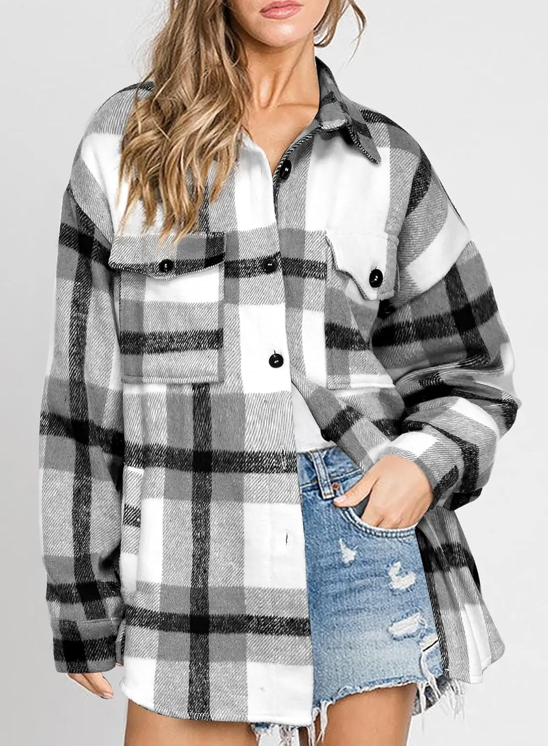 Beaully Women's Flannel Plaid Shacket Long Sleeve Button Down Shirts Jacket Coats with Side Pockets